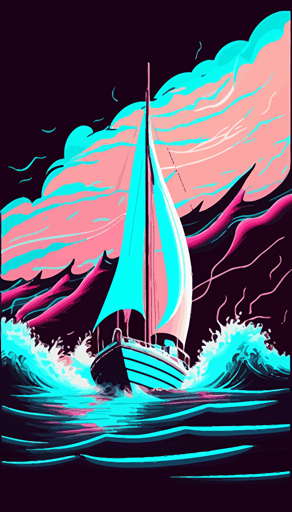 yacht on see, waves, flat abstract minimalistic vector style, vibrant neon colors, pink, light blue