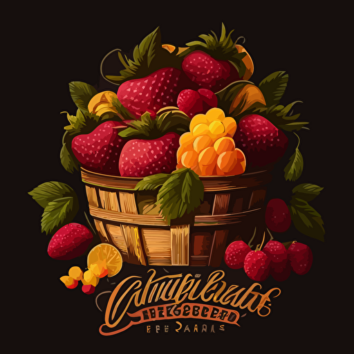 A vector logo design of a fruit basket overflowing with fresh fruit like raspberries, strawberries, and mangoes, to showcase the use of high quality ingredients.