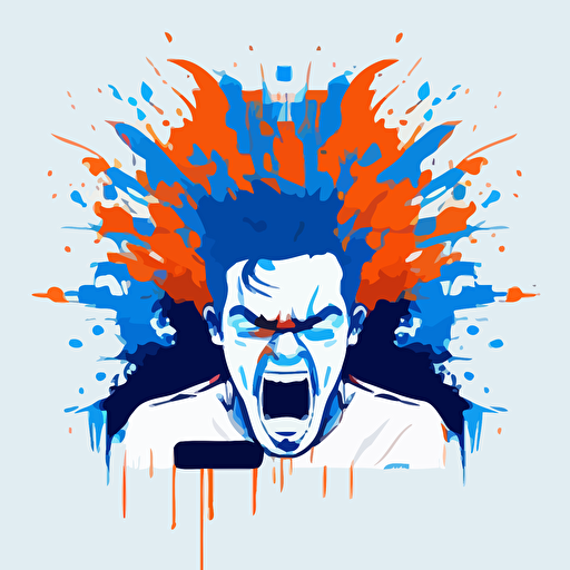 a modern futuristic minimal vector logo of a gamer nerd raging in front of a computer because he lost an important game, orange blue white background