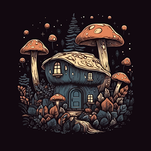 Cabin mushroom forest cottagecore vector design on black background