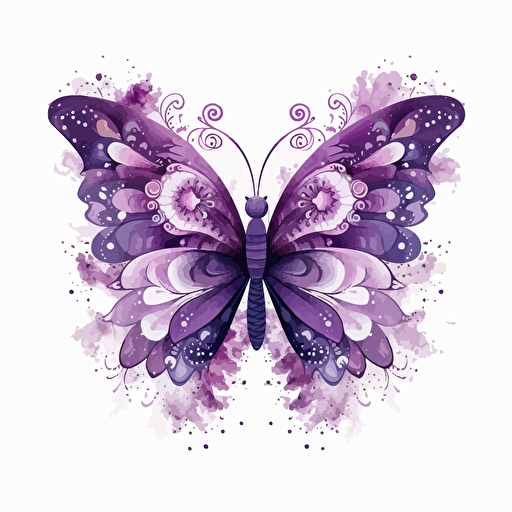 whimsical floral butterfly design in Puple, watercolor, detailed, vector