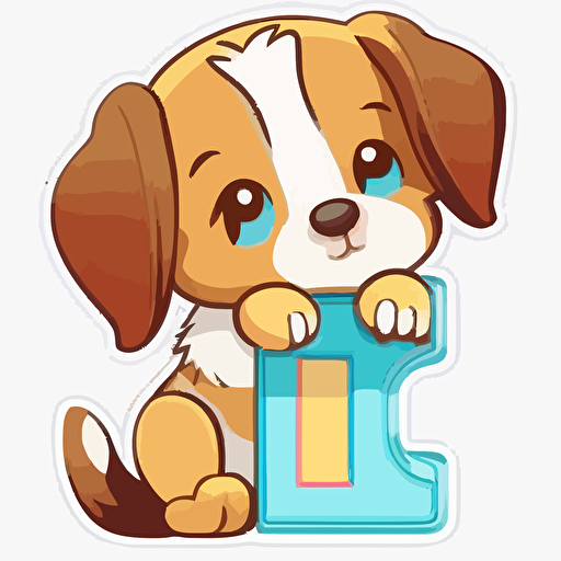 sticker flat vector art,2D kawaii, baby dog sitting on the letter D,cute,colorful disney-inspired