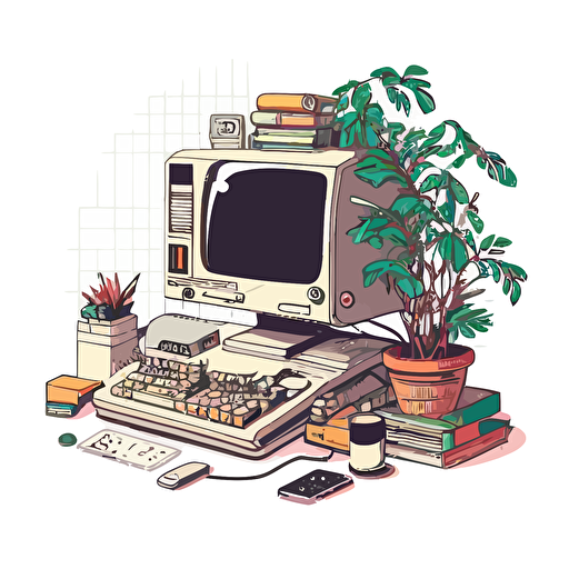 a clean desk with no clutter on white background in a vector art 80s style