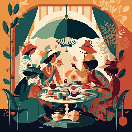Flat Vector Illustration of Indian Tea Party in a Parisian Table setting, Style of Malika Favre. Use only 3 Colours. Strong Light and Shadow. Style of Maite Franchi