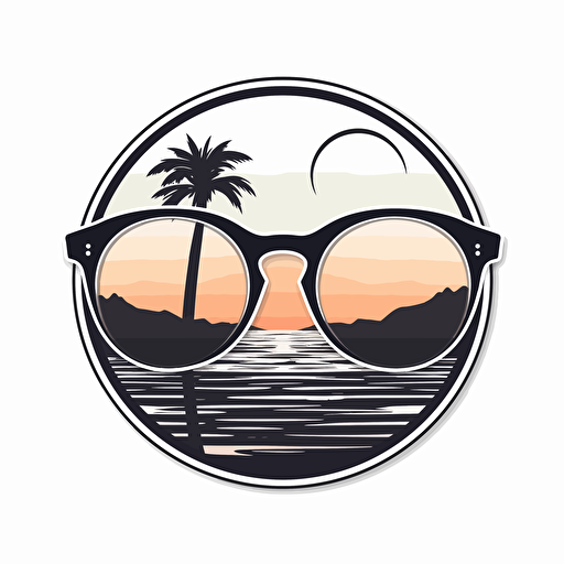 a sticker showing a pair of round sunglasses, without any other details around, and inside the sunglasses a sunset, in minimalistic vector style, black and white with white background