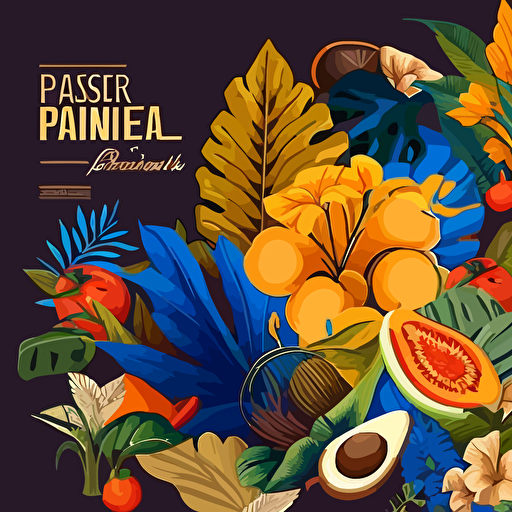 tropical plants flowers and latin Food FULL COVERAGE CORNER TO CORNER wallpaper design, no repeating patterns, NO TEXT, [blue, orange, brown, and gold colo scheme here]::3 modern, clean, design, vector, items, food, RTX