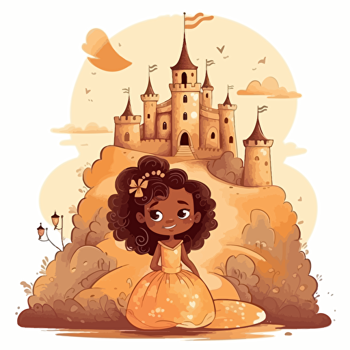 Vector Illustration of a beautiful castle on a hill, in a faraway land where the beautiful, happy, light brown skin tone little Girl Princess lives. She wears a golden crown with diamonds and sapphires.