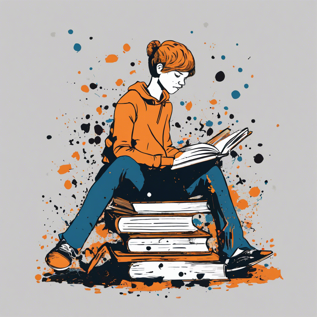 a person sitting on books