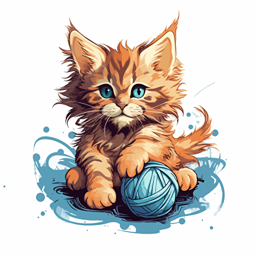 an adorable chestnut maine coon with sky blue eyes playing with a ball of yarn and snarling, vector art