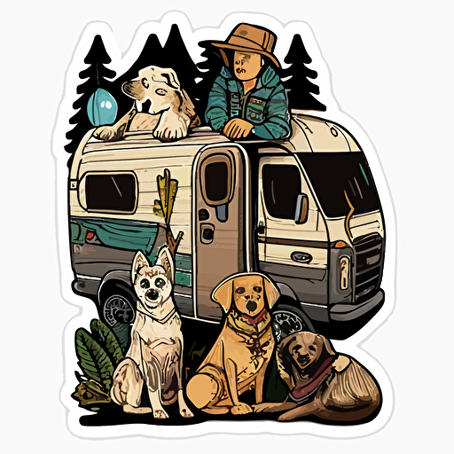 PNW dogs camping in people clothes cartoonish vector art sticker