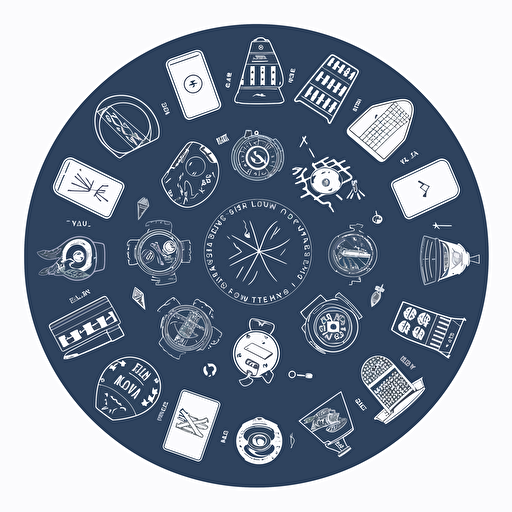 Minimalistic round table engraved with charity and piece signs,logo style,geometric shapes, top view, vector, cartoon style, white background,dark blue and dark gray color mix