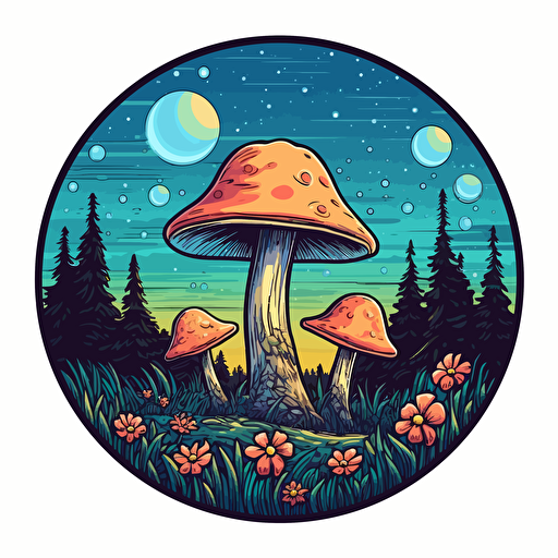 Magic Mushroom field in a circle logo. vector imaging, cartoon illustrated, shading, and colorful.