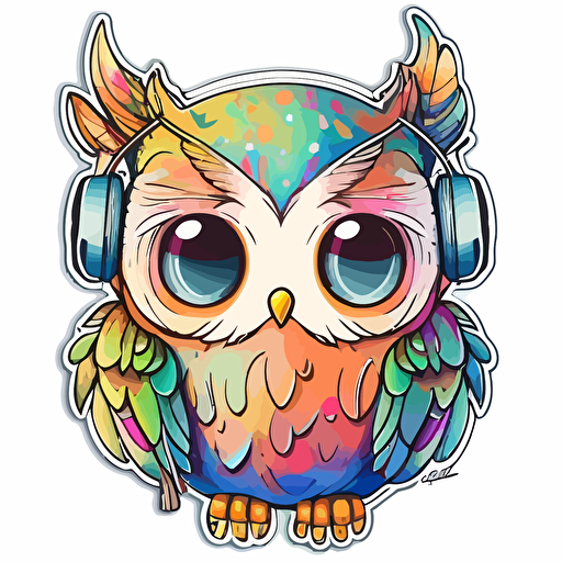 Sticker, happy colorful owl wearing headphones, kawaii, contour, vector, white background