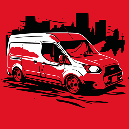white ford transit connect, silhouette, white color, red background, cartoon vector style