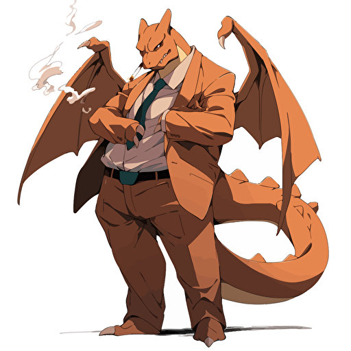 charizard wearing a suit, smoking a cigar, do not show lower body vector art, 2d, white background
