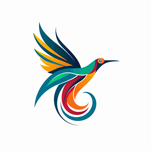 create a modern, minimalist but colourful logo on white background of a flying bird of paradise from papua new guinea in flat vector art style