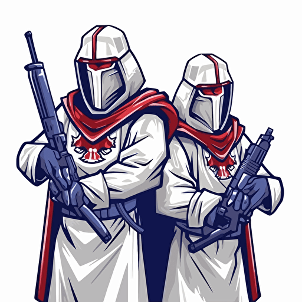 2d vector icon. crusaders with assault rifles searching for glory. arsenal fc logo color theme. white background