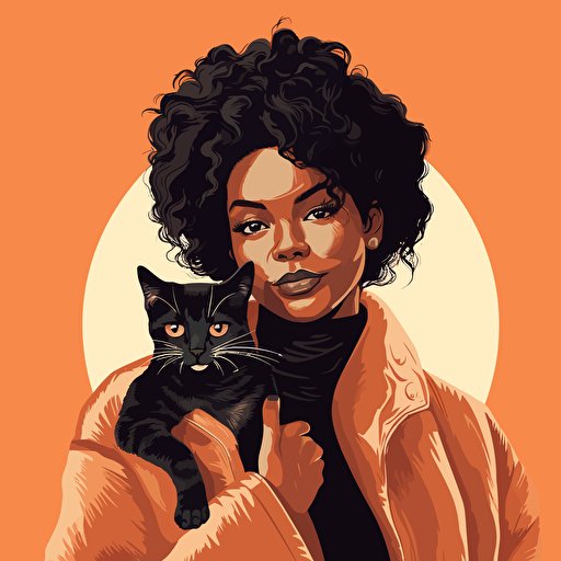 vector art style, 28 year old black female designer, holding a cat, in the style of Michael Parks