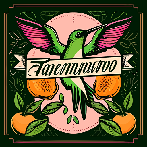 Pop Art Deco Hummingbird and tropical fruits, Logo for organic shop, Vector, Logo, green, pink, orange