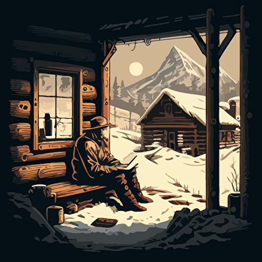 Based on the theme of anonymity, design a vector illustration of Satoshi Nakamoto sitting in a remote cabin, writing a letter to the world about the potential benefits of decentralized currency. Set the scene on a snowy, secluded mountain.