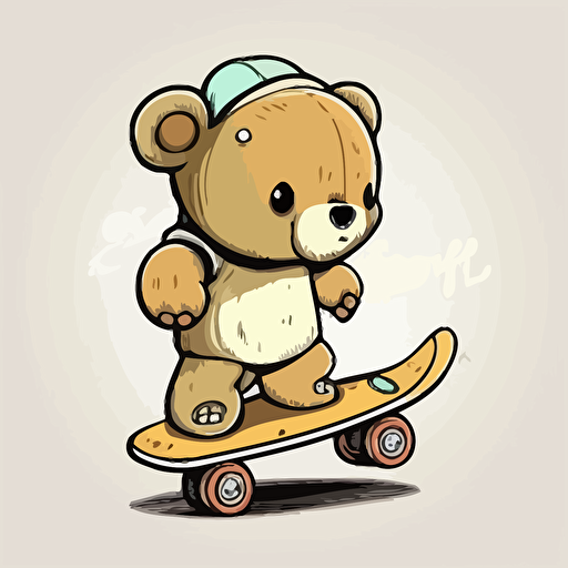 teddy bear riding a skate board, vector, illustration, full color, hd, cartoon, contour, white background, simple illustration