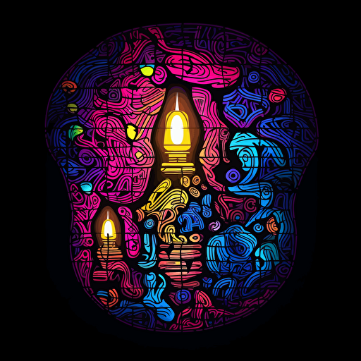 poeple putting a puzzle in the shape of a light bulb together, neon, anime, contour, vector, black background, detailed