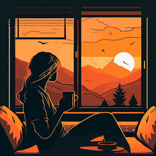 women sits on a couch looking outside with cup of coffee during sunset, vector