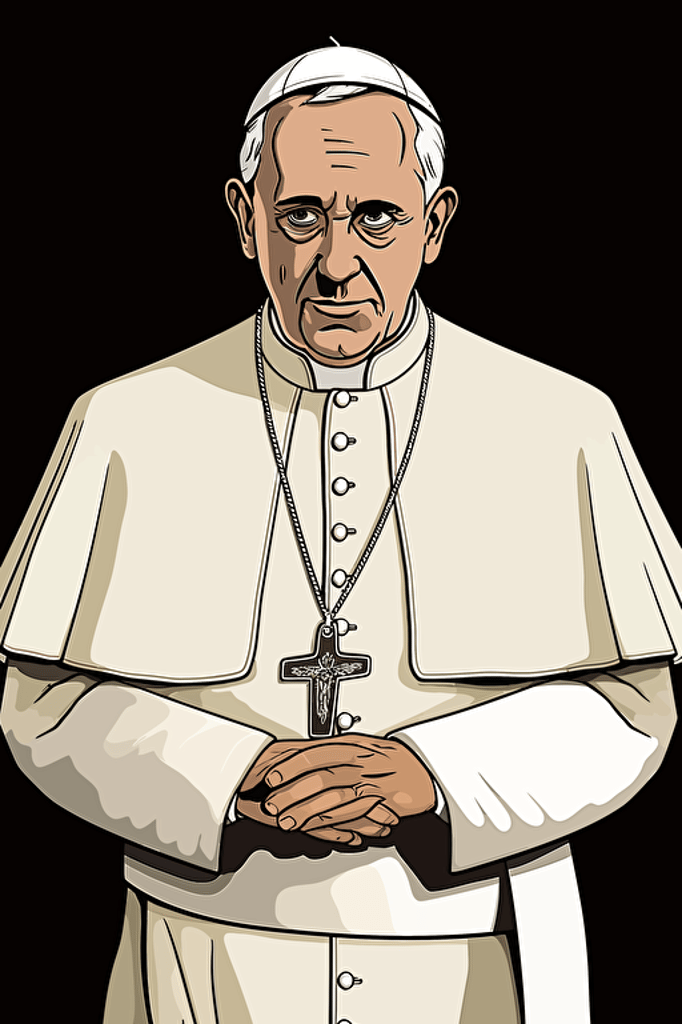 pope francis, wearing a white stylish trendy collared lapel dress suit, black background, 80s comic style vector poster,