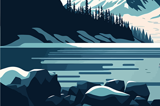 mountain with lake, landscape, vector art, simple design, template, flat design, blue shades, cold weather, snow, ice