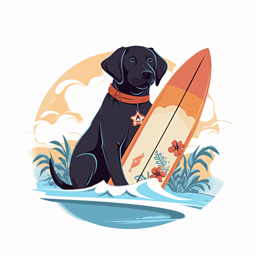 cute labrador surfing design, tropical, 2d, vector, white background