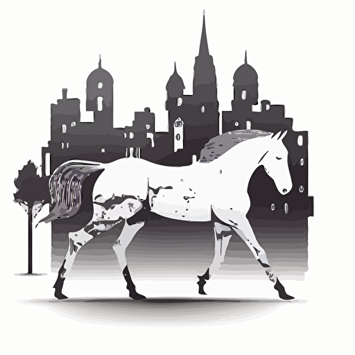 unicorn walking through the bad part of the city, vector logo, vector art, emblem, simple cartoon, 2d, no text, white background