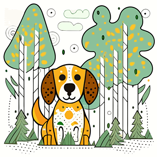 cute dog in the forest, big cute eyes, pixar style, outline and simple shapes, pointillism style, flat vector, white background