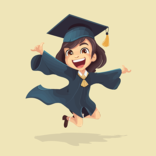 vector illustration of a happy young girl jumping in graduation cap and gown