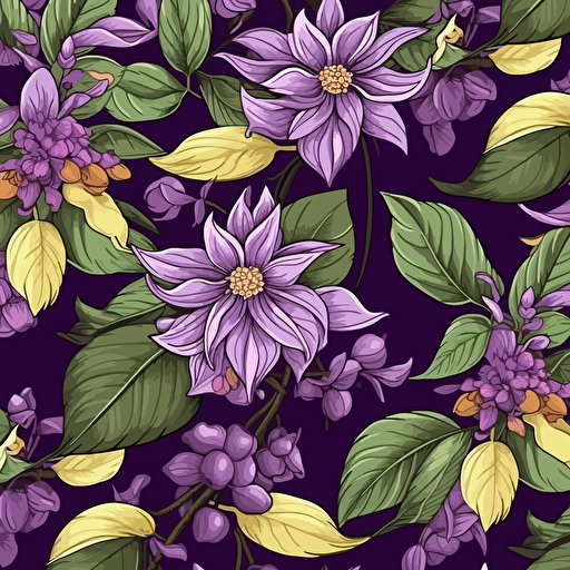 Ylang Ylang & Patchouli illustration, epic composition, 2d vector, purples, seamless pattern