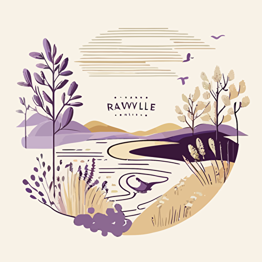 A minimalist vector logo featuring rivers, landscape, wineries, lavender, sunshine