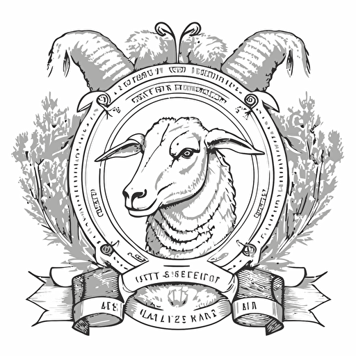line drawing coat of arms, iowa barn, sheep head, corn wreath, Vector