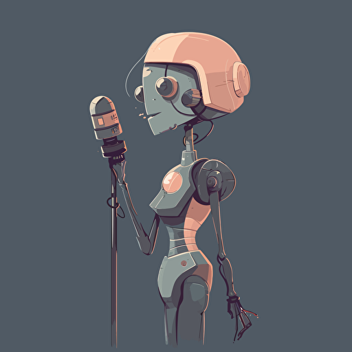 A half girl half robot speaking in front of a microphone, muted colors, 2d vector illustration with a grey background
