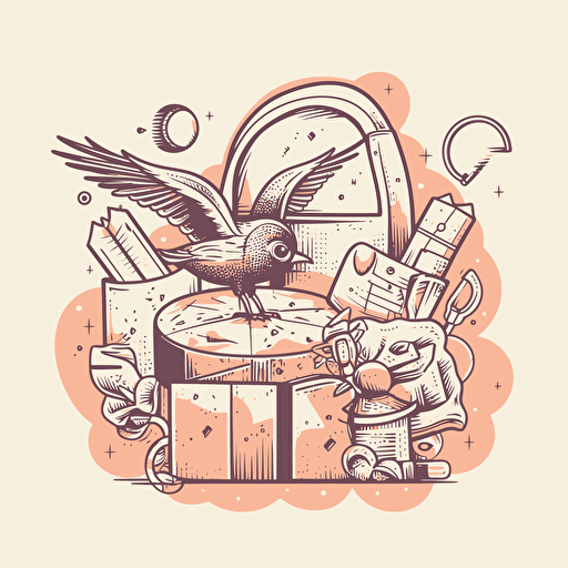 Illustration of a bird flying over gift boxes holding a magnifying glass. doodle style vector minimalist