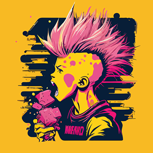 pink,yellow,vector,fantasy,face,young boy,punk mohawk,eating a nuclear blast