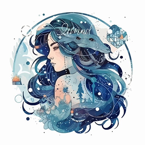 Aquarius zodiac sign in boho art style, intricated details, watercolors and flat vector mix