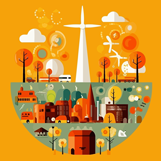Inspiring image of clean nuclear energy: Construct a minimal, yet spirited image for a presentation on new nuclear power plants in Sweden and Finland with a focus on sustainability. Use eye-catching colors and elements such as atom symbols, wind turbines, and solar panels. Image style: simple and friendly. Media: vector illustration. Reference artist: Josef Frank.