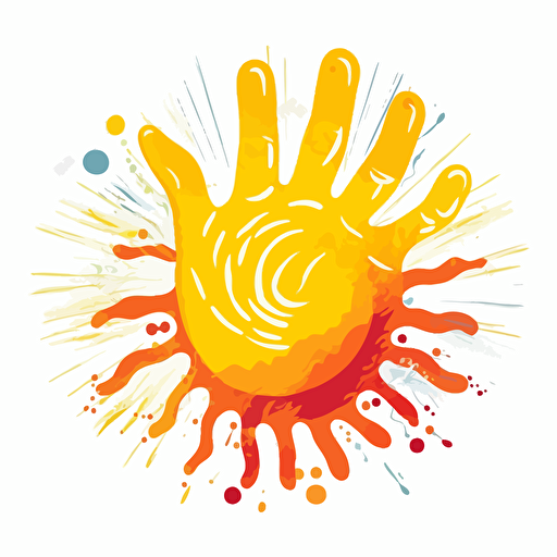 fingerpainting of the eclipsed sun to form the shape of a C, with rays, white background, orange and yellow colors only, bright, cheerful, iconic, finger paints, hand paints, hand painting, finger painting, beautiful, children's painting, kid's painting, happy, vector, flat 2d, company logo, contour style