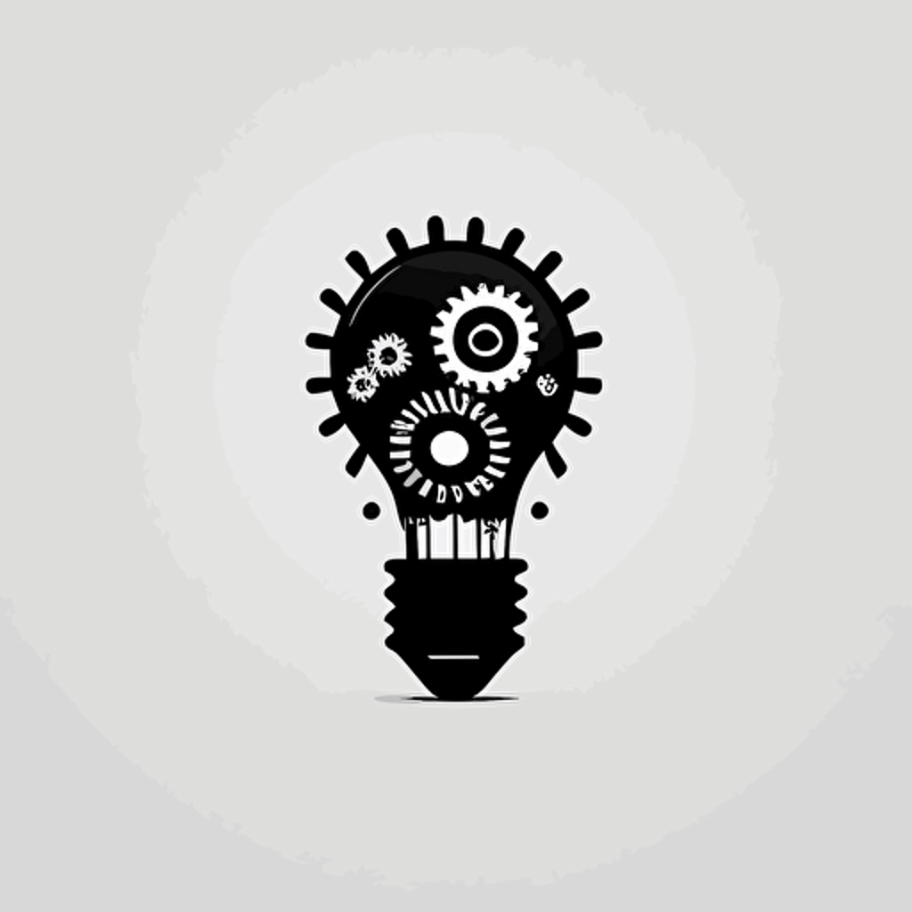 Modern, minimalist iconic logo of a lightbulb with gear or cogs, black vector, on white background