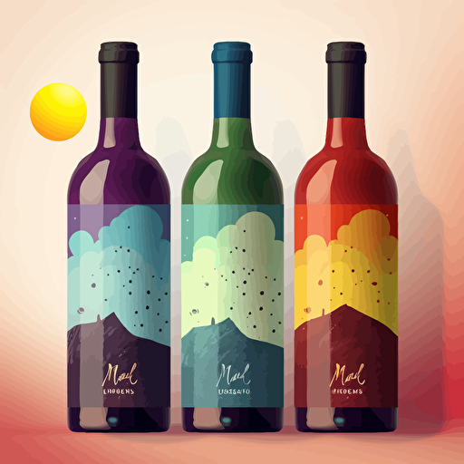 wine label, digital illustration, fine art, wineyard, simple minimal vector, magical, colorfull