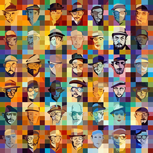 mosaic of sophisticated people with different styles and personalities in 9 squares evenly distributed, vectorial illustration, colorful, hd