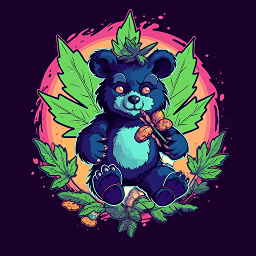 2d Minimalist logo design of a futuristic warrior bear smoking marijuana :: marijuana leafs and various candies, splash color, vector art
