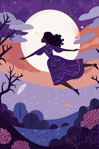 illustrated flat vector art, black girl in purple dress falls down from sky, folk art style,