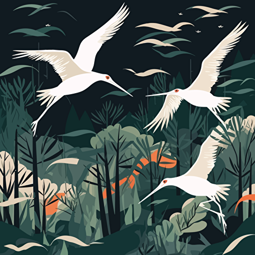 Flat vector illustration, a flock of white storks flying to the bamboo garden to spend the night, using appropriate colors