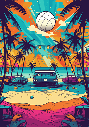 a beach volleyball on the sand of the beach with a big Soundsystem under palm trees behind, colorful, manga style, vectorization, music festival