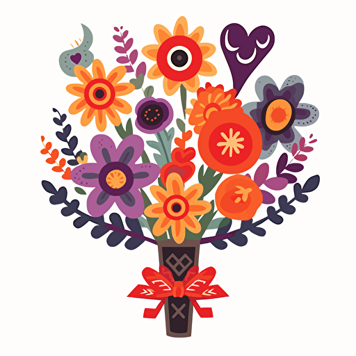 sinister-looking Texas-style flower bouquet in vector art cartoon style, hearts, flat color, white background